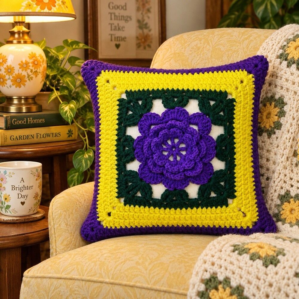 Crochet Floral Granny Square Throw Pillow Textured Boho 13x13 Purple Yellow